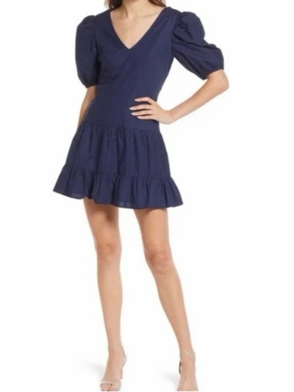 French Connection Navy Puff-Sleeve Tiered Mini Dress - Picture 5 of 5